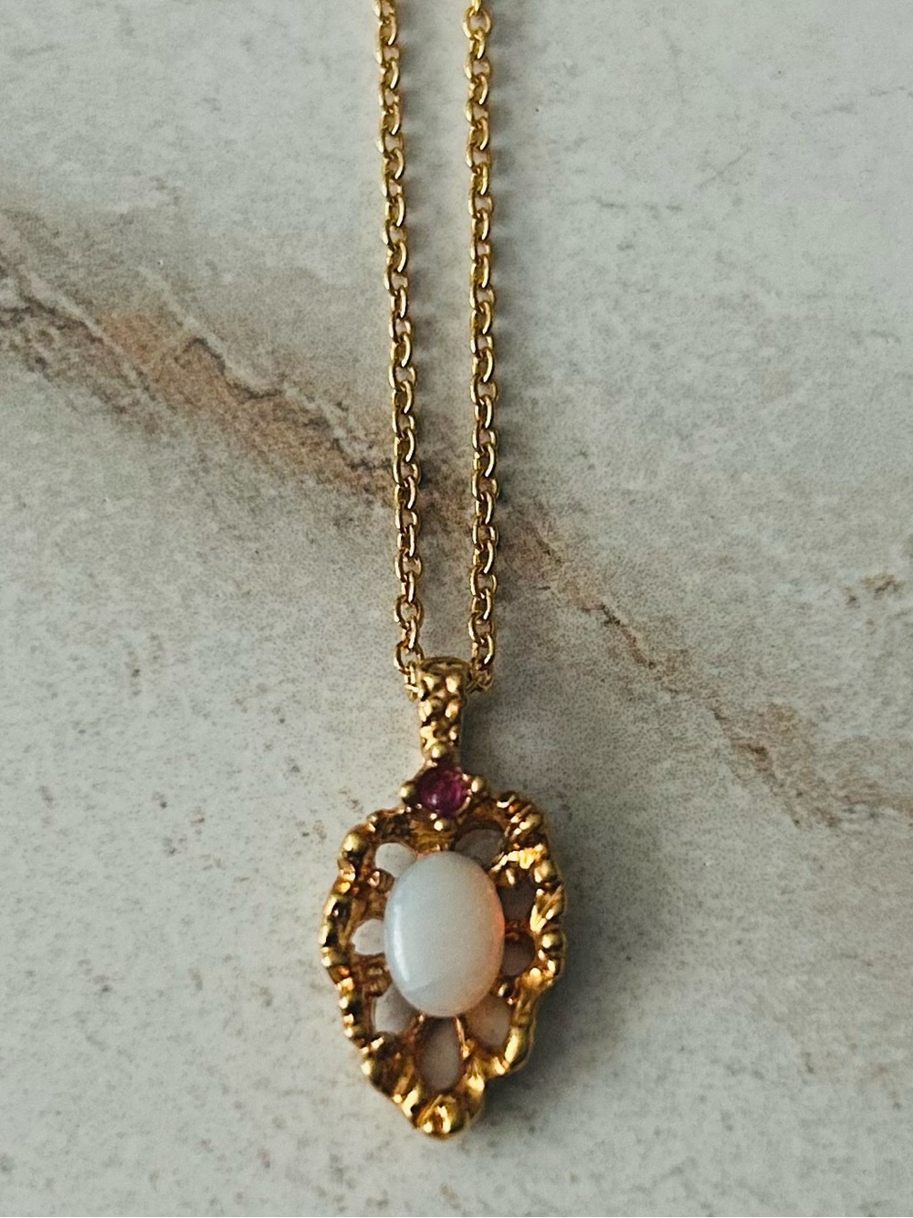 Vintage Gold Toned Abstract Milky Iridescent Pendant Necklace Pink Accent Stone
